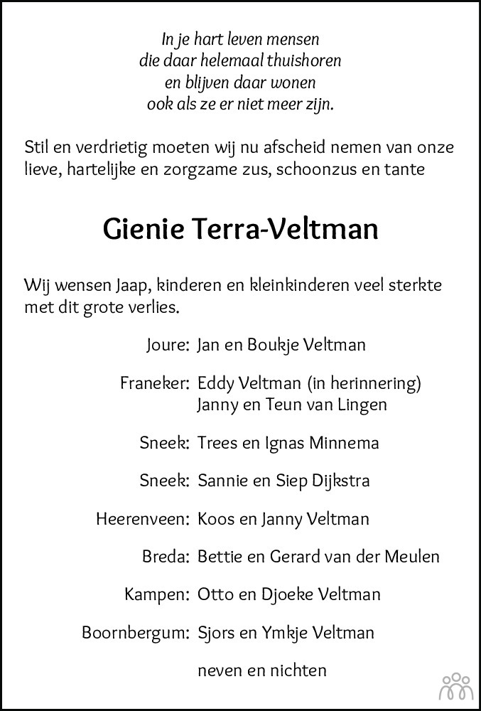 Overlijdensbericht van Gienie (Regina Johanna) Terra-Veltman in Leeuwarder Courant