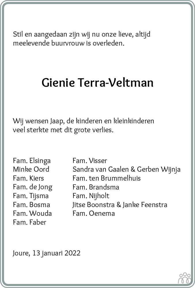 Overlijdensbericht van Gienie (Regina Johanna) Terra-Veltman in Leeuwarder Courant
