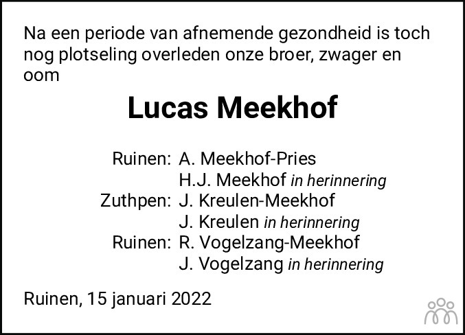 Overlijdensbericht van Lukas Meekhof in Meppeler Courant