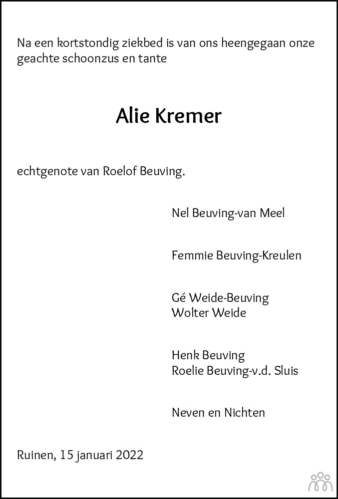 Overlijdensbericht van Alie Kremer in Meppeler Courant