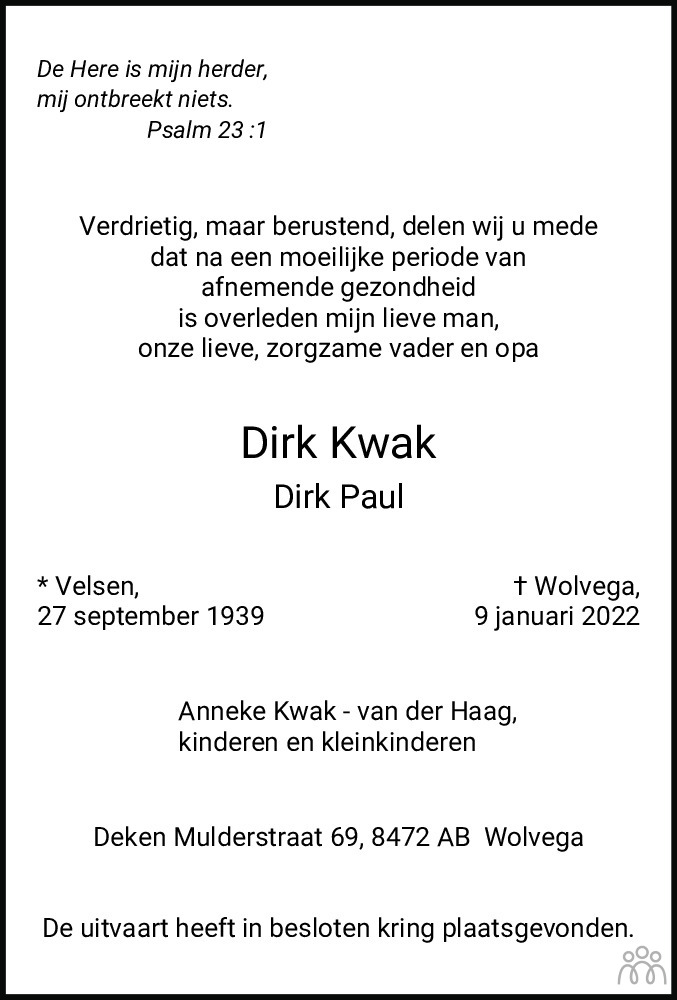 Overlijdensbericht van Dirk (Dirk Paul) Kwak in De Stellingwerf