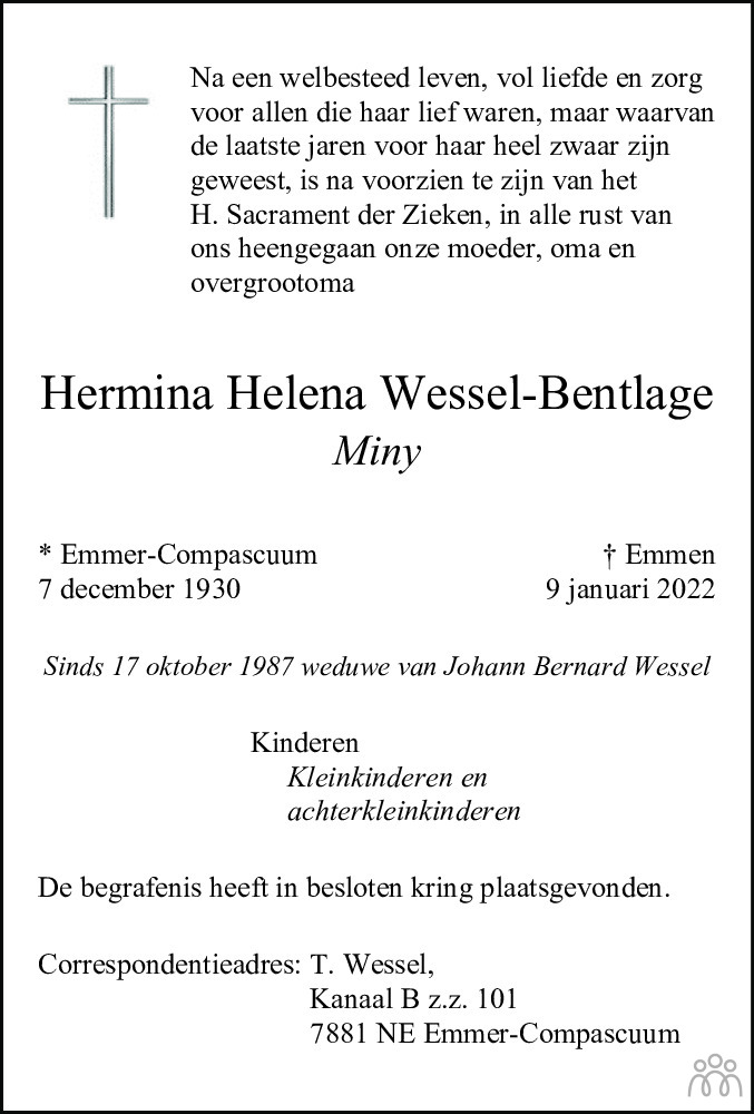 Overlijdensbericht van Hermina Helena (Miny) Wessel-Bentlage in Emmen Nu