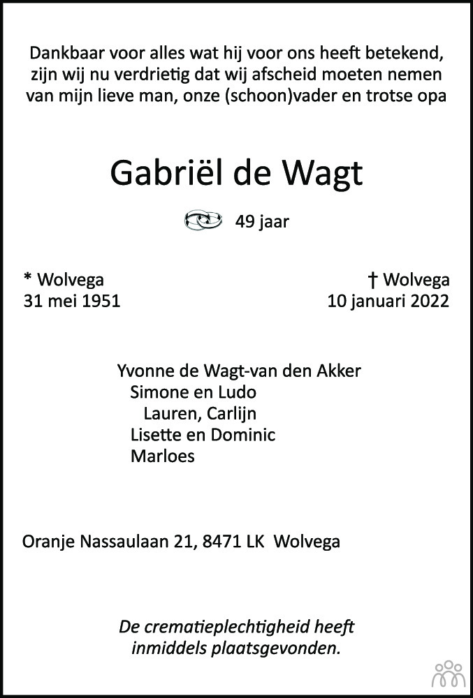 Overlijdensbericht van Gabriël (Gabrie) de Wagt in De Stellingwerf
