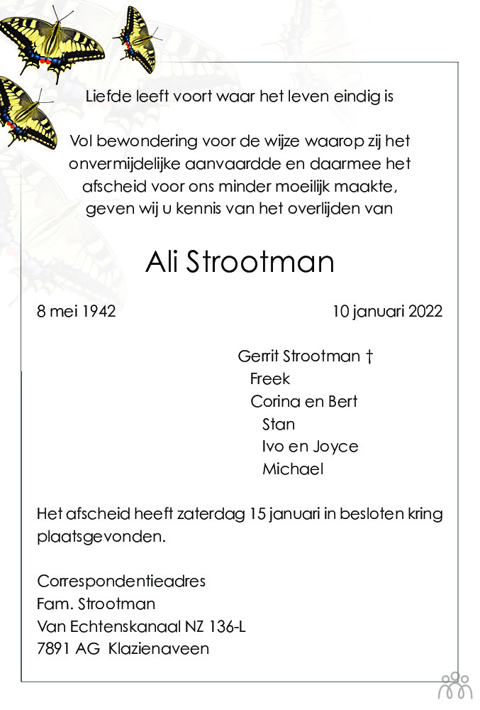 Overlijdensbericht van Ali Strootman in Emmen Nu
