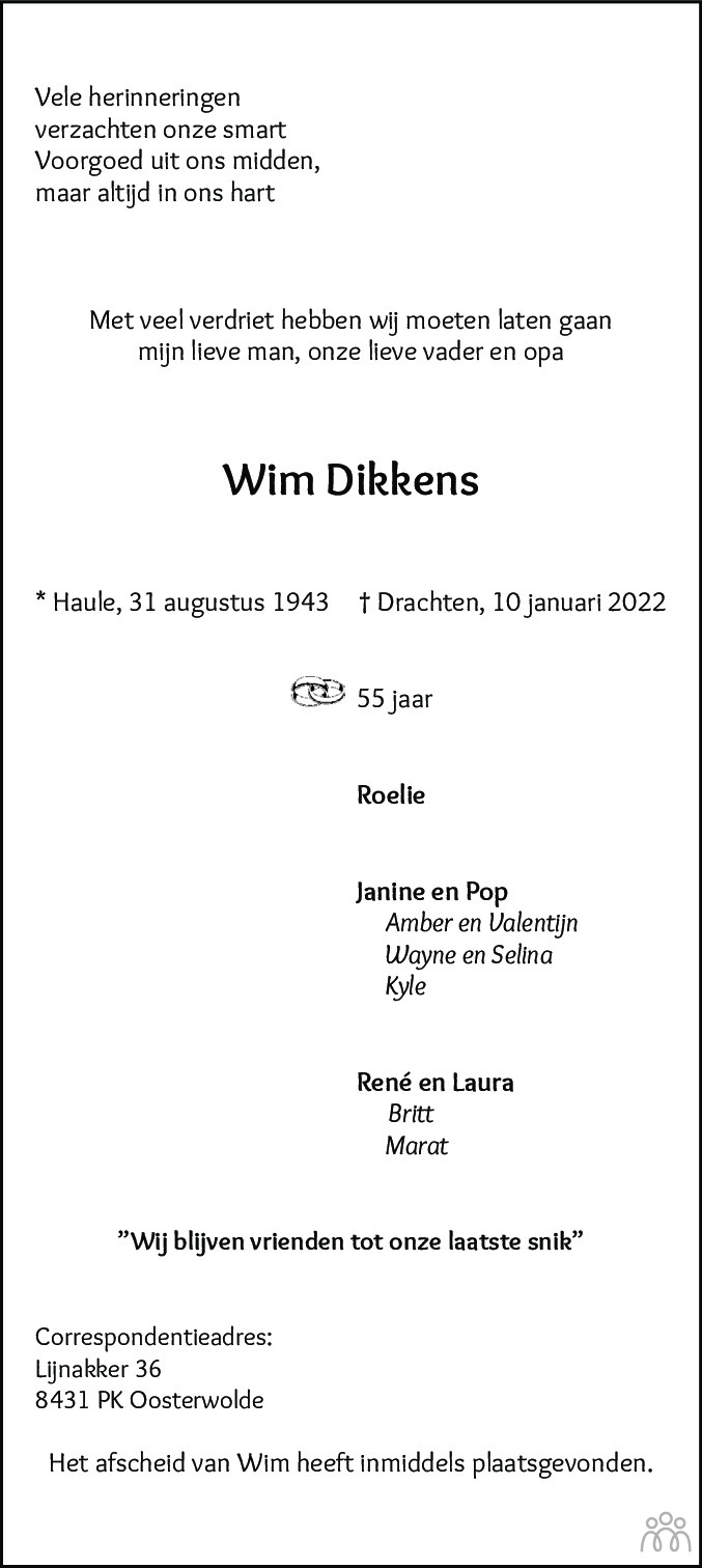 Overlijdensbericht van Wim Dikkens in Nieuwe Ooststellingwerver