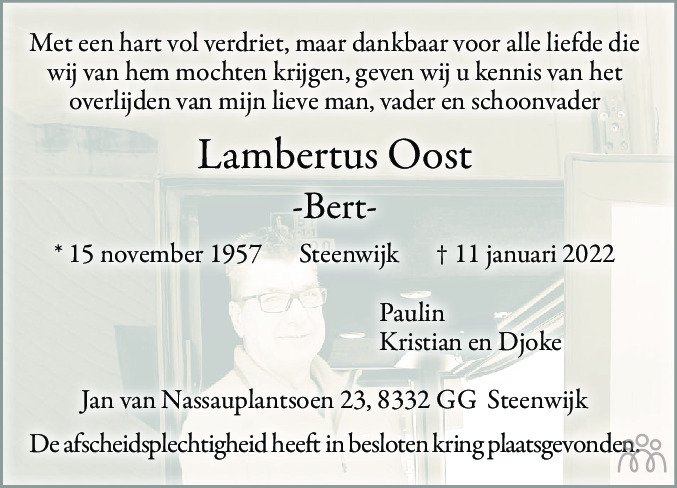 Overlijdensbericht van Lambertus (Bert) Oost in Steenwijker Courant