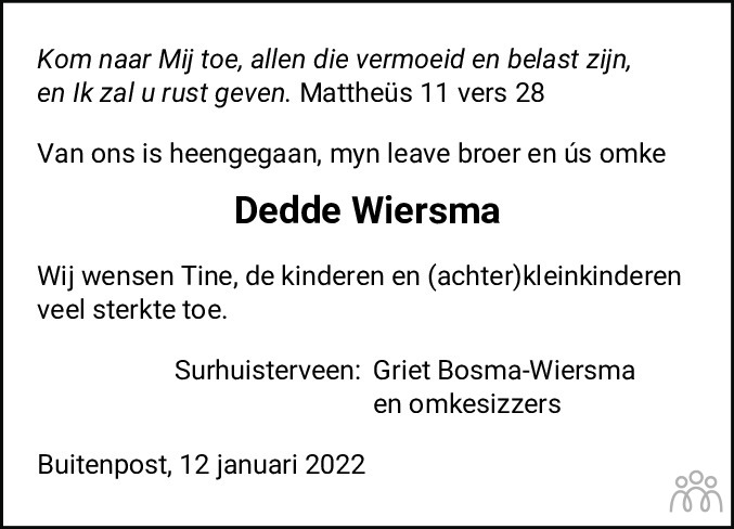 Overlijdensbericht van Dedde Wiersma in Nieuwsblad Noordoost-Friesland