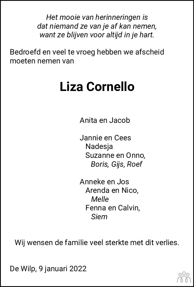 Overlijdensbericht van Elizebeth (Liza) Cornello in Westerkwartier