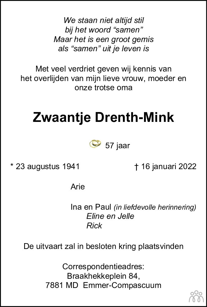Overlijdensbericht van Zwaantje Drenth-Mink in Dagblad van het Noorden