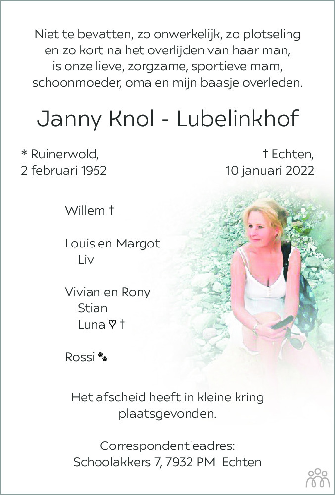 Overlijdensbericht van Janny Knol-Lubelinkhof in Westervelder - Wolder Courant