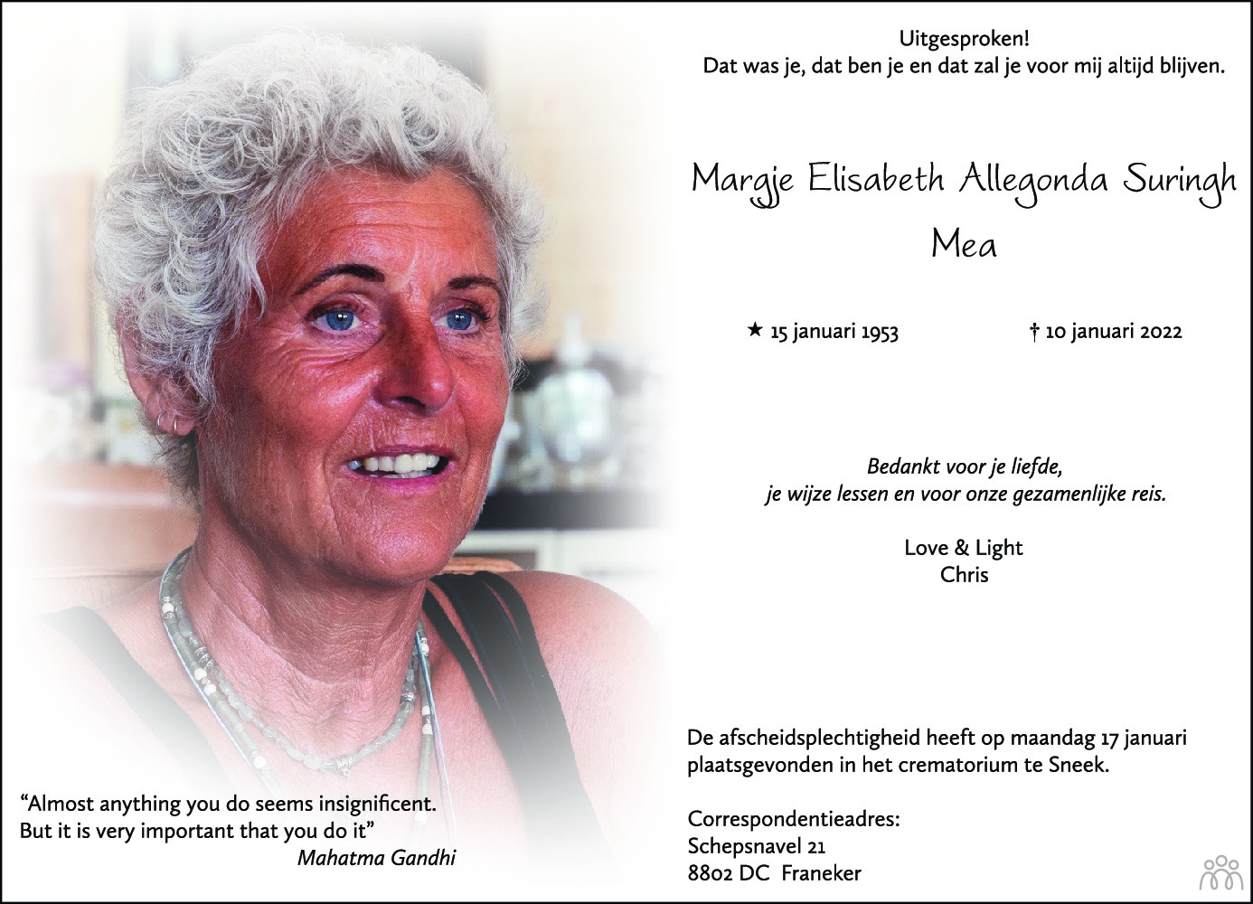 Margje Elisabeth Allegonda (Mea) Suringh 10012022 overlijdensbericht en condoleances