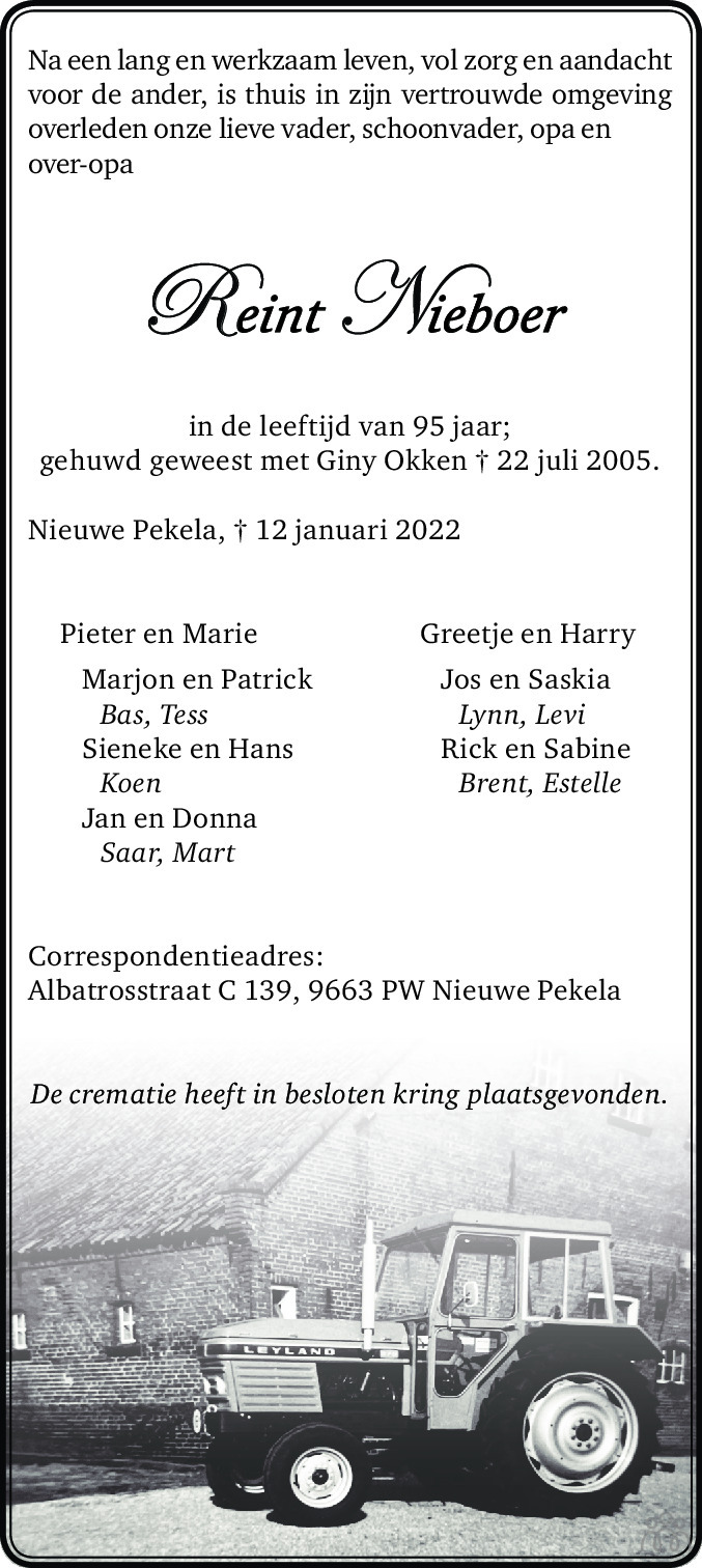 Overlijdensbericht van Reint Nieboer in Streekblad/Pekelder Streekblad