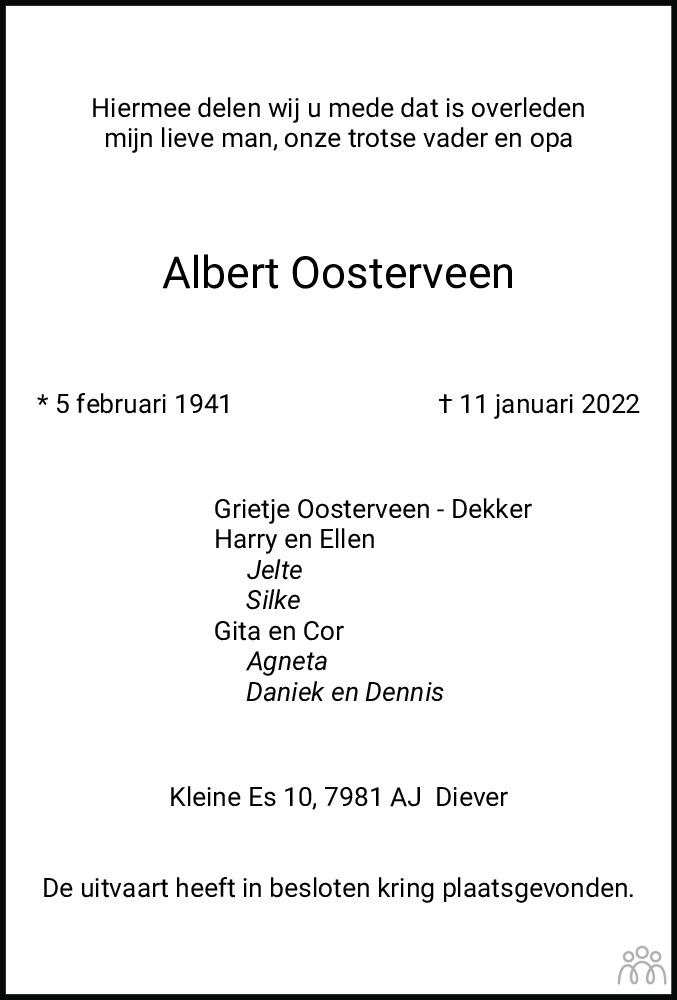 Overlijdensbericht van Albert Oosterveen in Westervelder - Wolder Courant