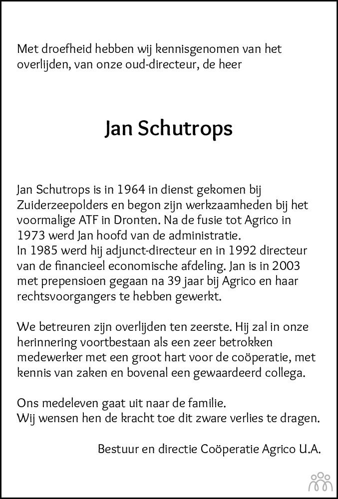 Overlijdensbericht van Jan Schutrops in Noordoostpolder