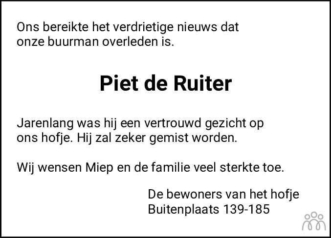 Overlijdensbericht van Piet de Ruiter in Flevopost Dronten
