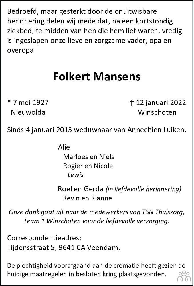 Overlijdensbericht van Folkert Mansens in Streekblad/Pekelder Streekblad