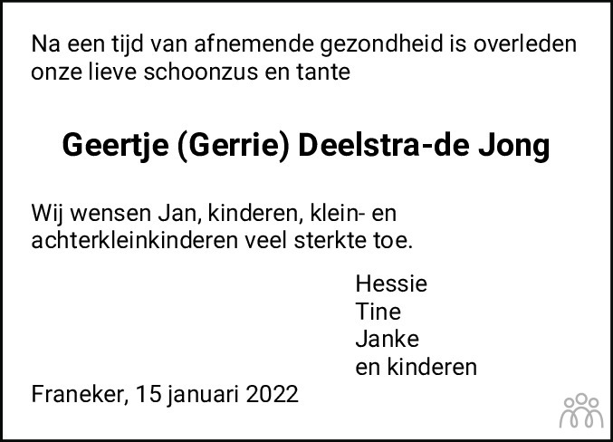 Overlijdensbericht van Geertje (Gerrie) Deelstra-de Jong in Franeker Courant