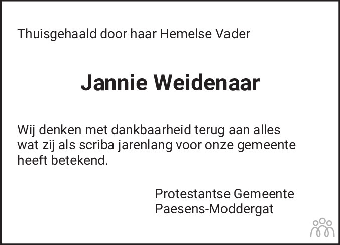 Overlijdensbericht van Janke (Jannie) Weidenaar in Dockumer Courant