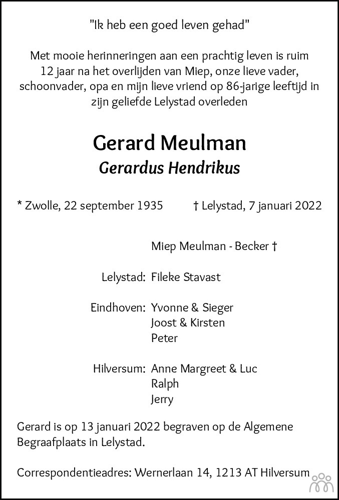 Overlijdensbericht van Gerard (Gerardus Hendrikus) Meulman in Flevopost Dronten