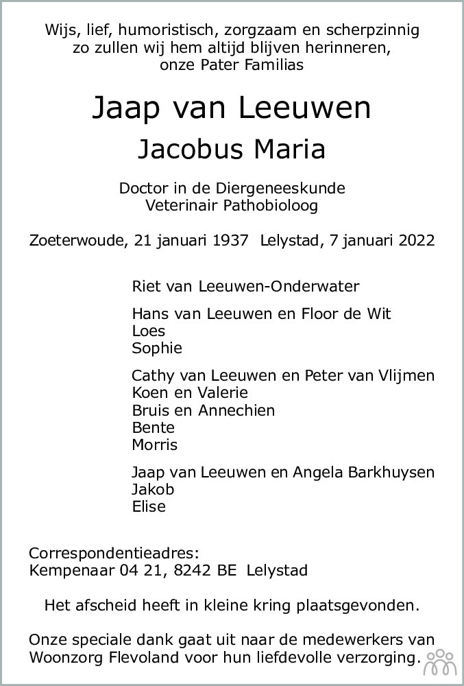 Overlijdensbericht van Jaap (Jacobus Maria) van Leeuwen in Flevopost Dronten