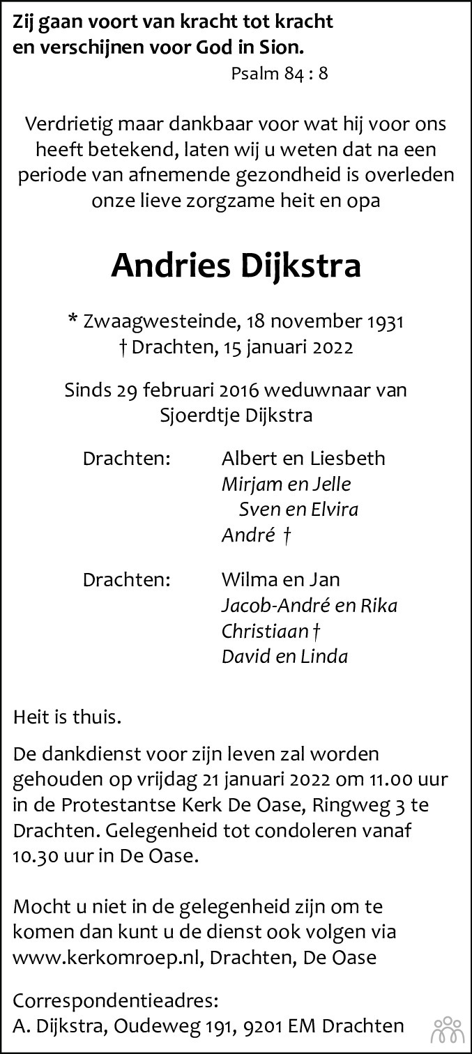 Overlijdensbericht van Andries Dijkstra in Leeuwarder Courant