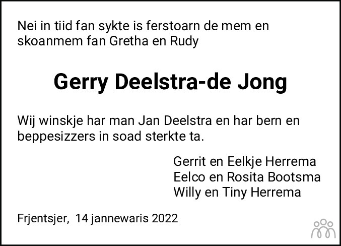 Overlijdensbericht van Geertje (Gerrie) Deelstra-de Jong in Franeker Courant