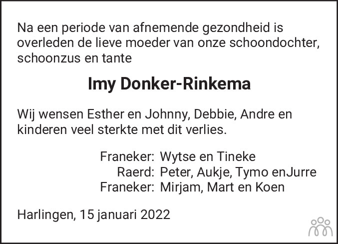 Overlijdensbericht van Imy Donker-Rinkema in Franeker Courant