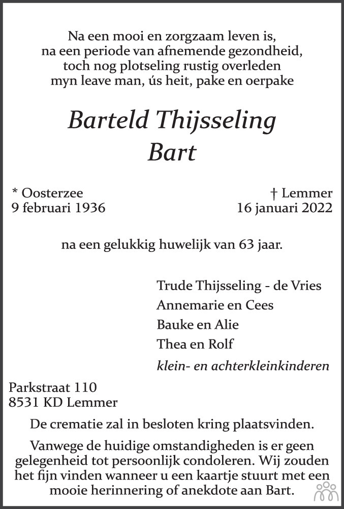 Overlijdensbericht van Barteld (Bart) Thijsseling in Leeuwarder Courant