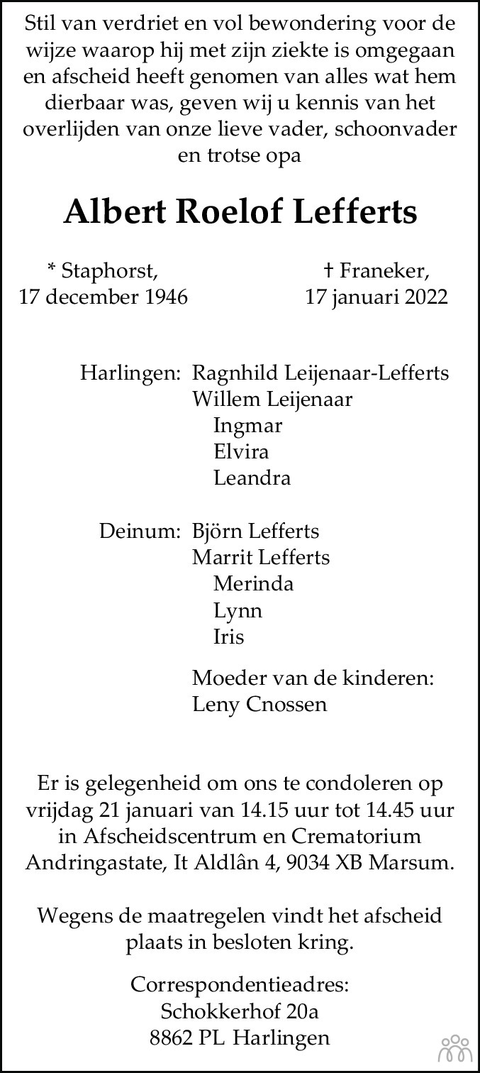 Overlijdensbericht van Albert Roelof Lefferts in Leeuwarder Courant