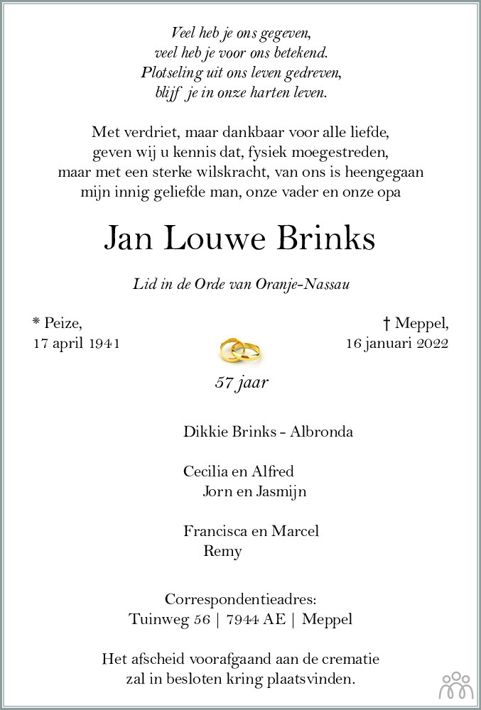 Overlijdensbericht van Jan Louwe Brinks in Meppeler Courant
