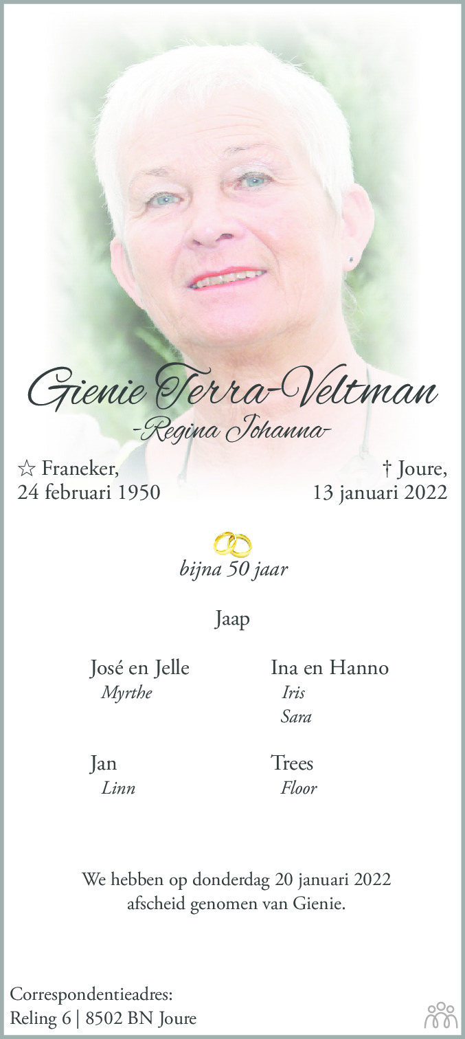 Overlijdensbericht van Gienie (Regina Johanna) Terra-Veltman in Jouster Courant Zuid Friesland