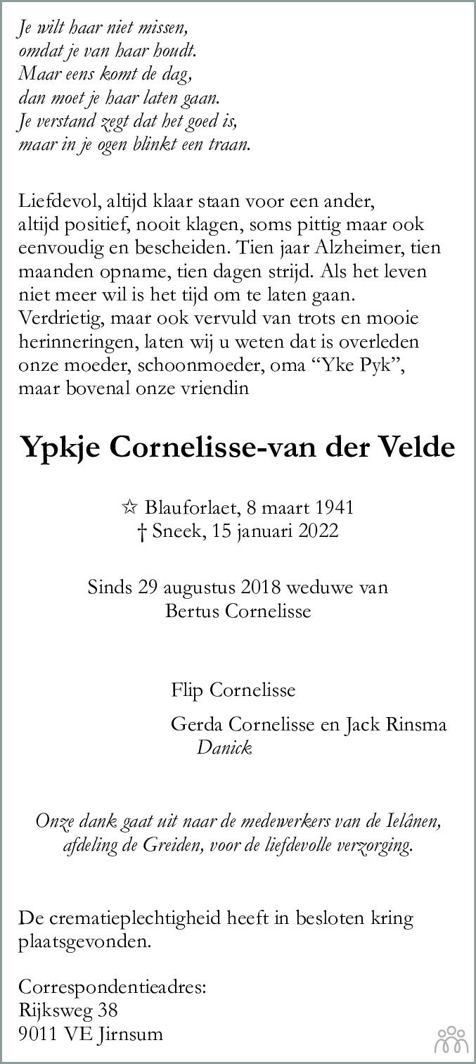 Overlijdensbericht van Ypkje Cornelisse-van der Velde in Leeuwarder Courant
