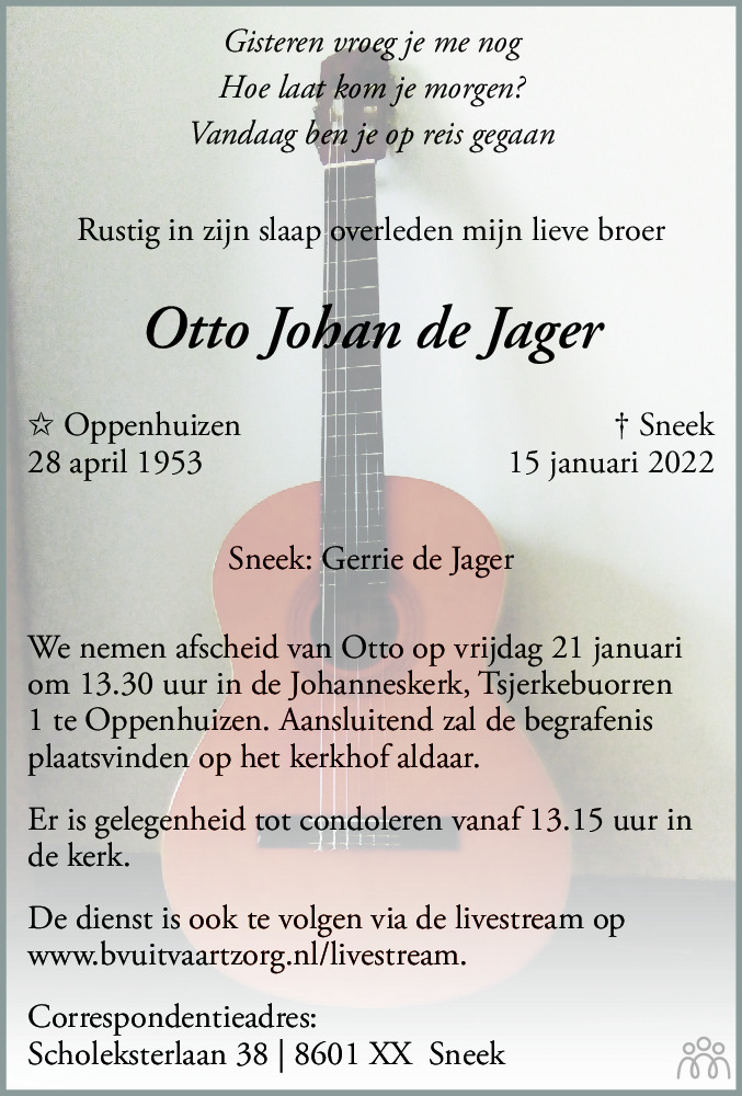 Overlijdensbericht van Otto Johan de Jager in Leeuwarder Courant