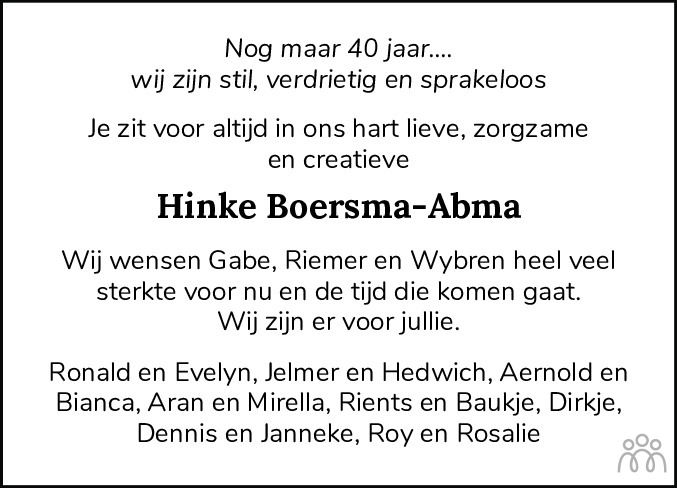 Overlijdensbericht van Hinke Boersma-Abma in Bolswards Nieuwsblad