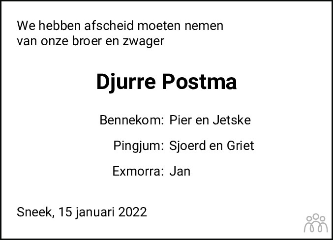 Overlijdensbericht van Djurre Postma in Bolswards Nieuwsblad