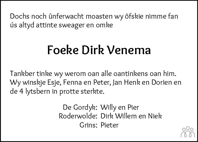 Overlijdensbericht van Foeke Dirk Venema in Leeuwarder Courant