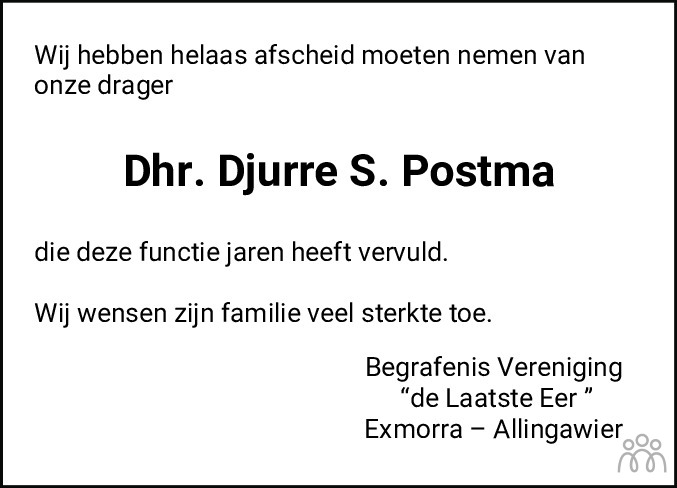 Overlijdensbericht van Djurre Postma in Bolswards Nieuwsblad