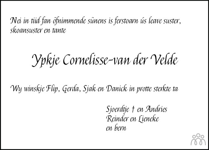 Overlijdensbericht van Ypkje Cornelisse-van der Velde in Leeuwarder Courant