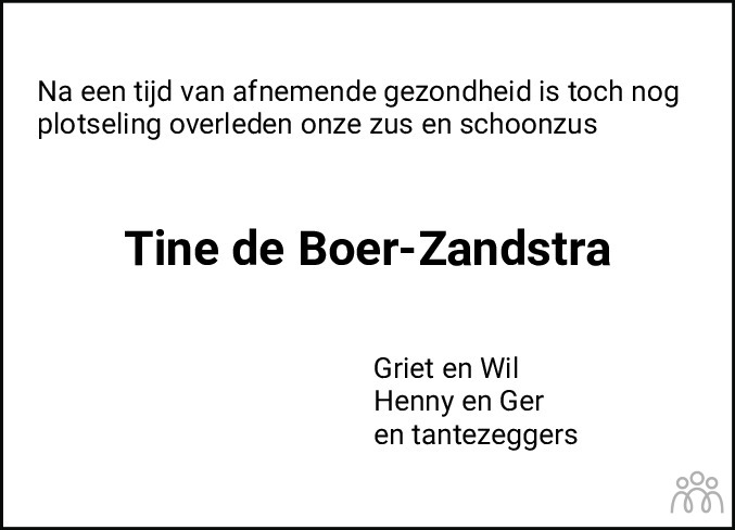 Overlijdensbericht van Trijntje (Tine) de Boer-Zandstra in Leeuwarder Courant