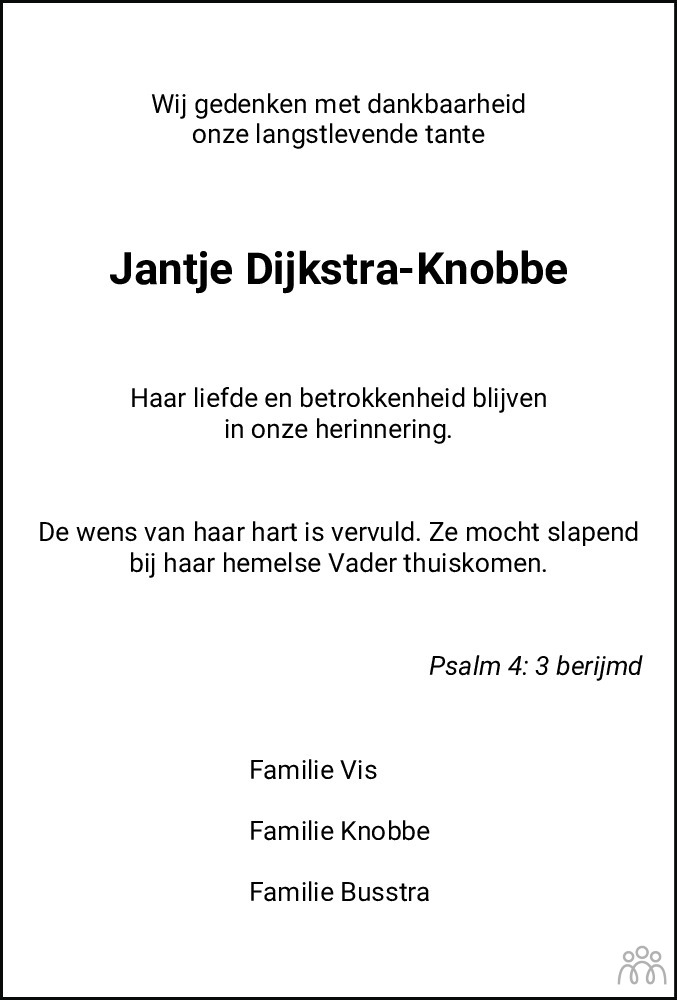 Overlijdensbericht van Jantje Dijkstra-Knobbe in Leeuwarder Courant