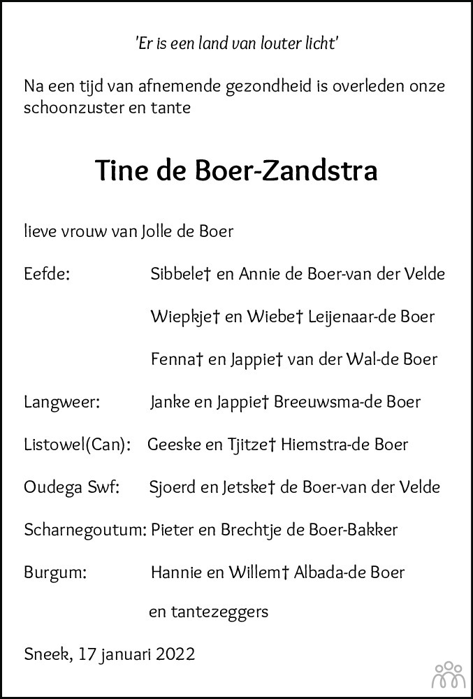 Overlijdensbericht van Trijntje (Tine) de Boer-Zandstra in Leeuwarder Courant