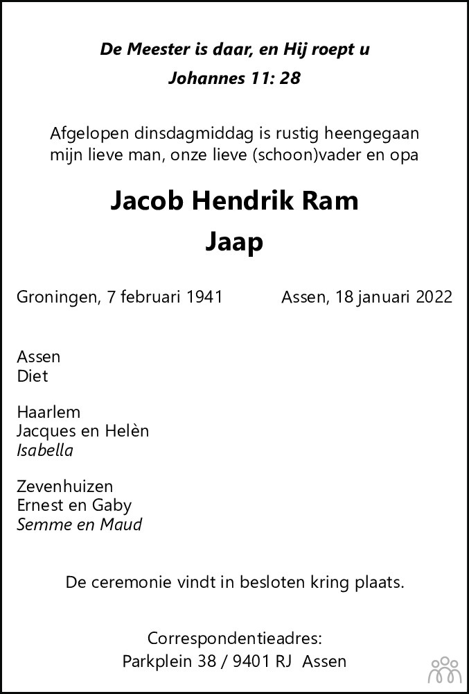 Overlijdensbericht van Jacob Hendrik (Jaap) Ram in Dagblad van het Noorden