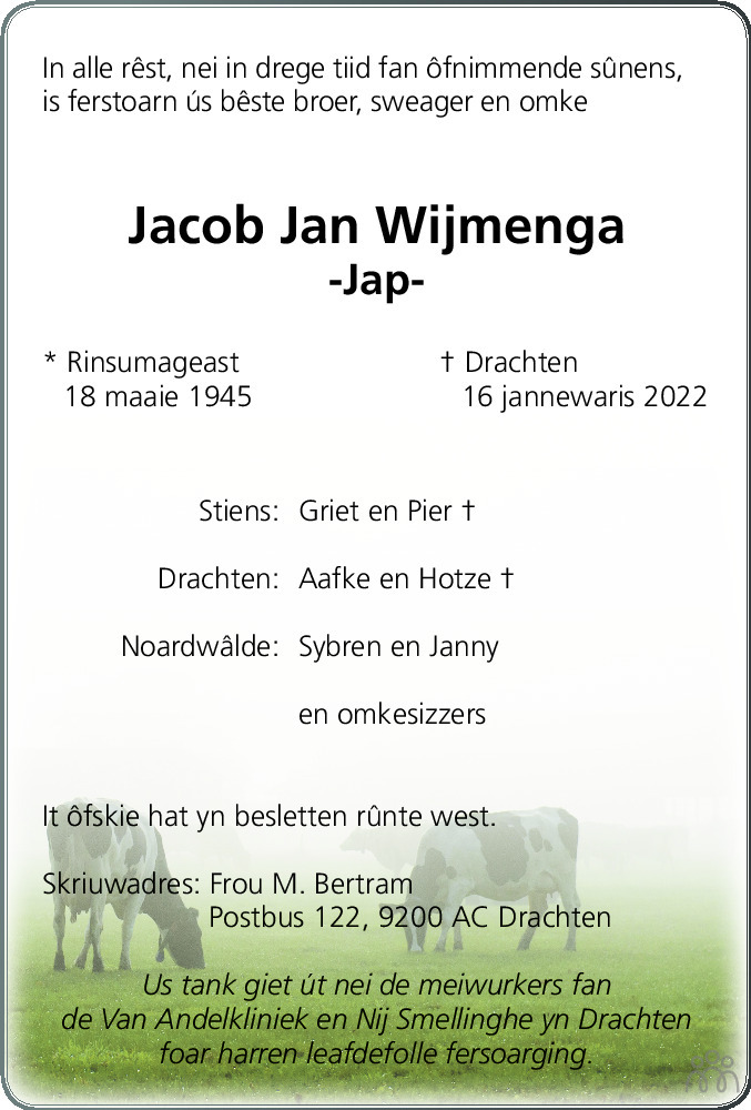 Overlijdensbericht van Jacob Jan (Jap) Wijmenga in Leeuwarder Courant