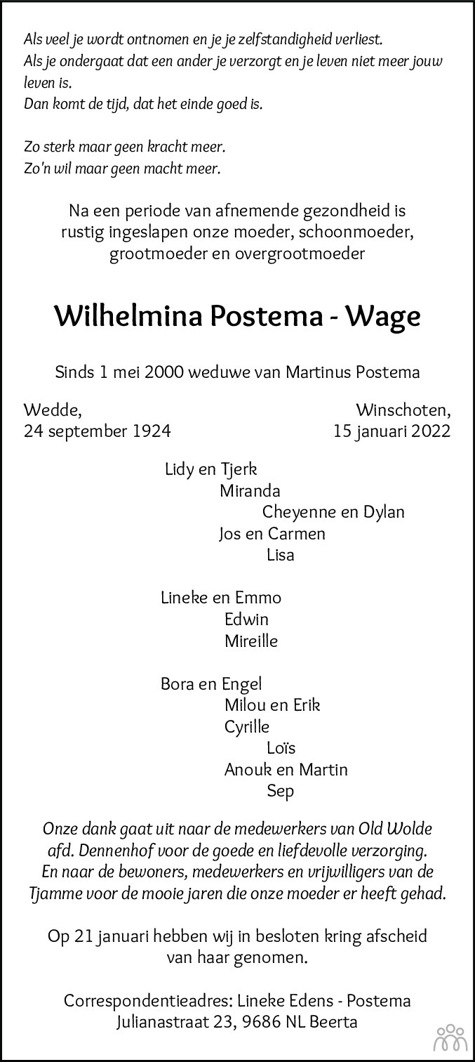 Overlijdensbericht van Wilhelmina Postema-Wage in Dagblad van het Noorden