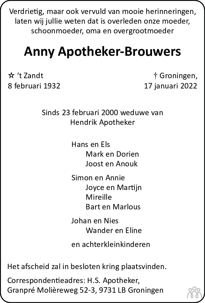 Overlijdensbericht van Anny Apotheker-Brouwers in Dagblad van het Noorden