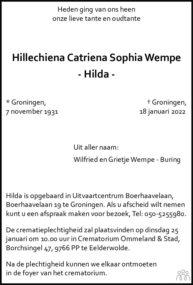 Overlijdensbericht van Hillechiena Catriena Sophia (Hilda) Wempe in Dagblad van het Noorden