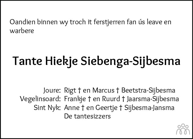 Overlijdensbericht van Hiekje Siebenga-Sybesma in Leeuwarder Courant