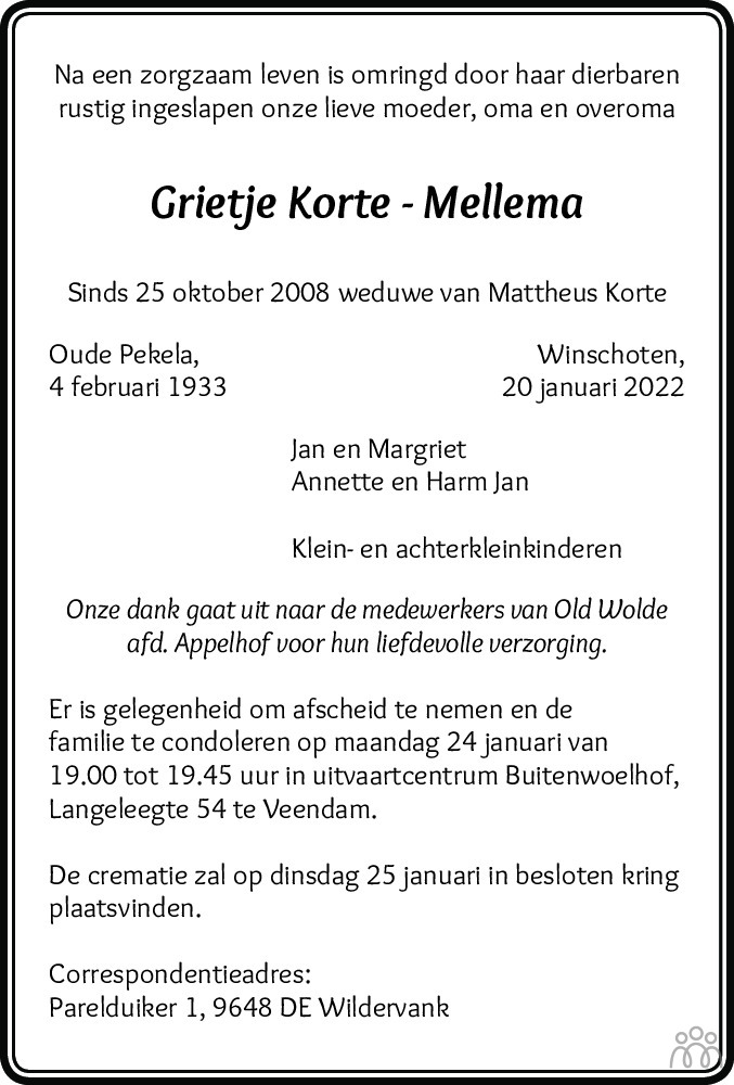 Overlijdensbericht van Grietje Korte-Mellema in Dagblad van het Noorden