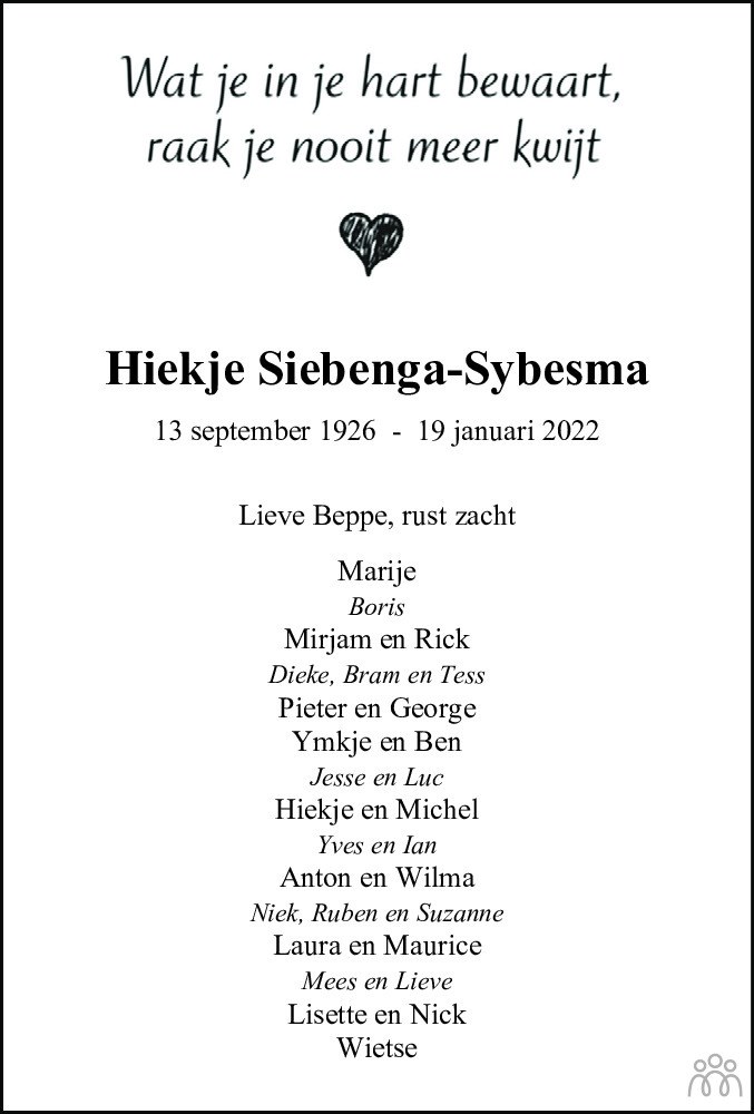 Overlijdensbericht van Hiekje Siebenga-Sybesma in Leeuwarder Courant