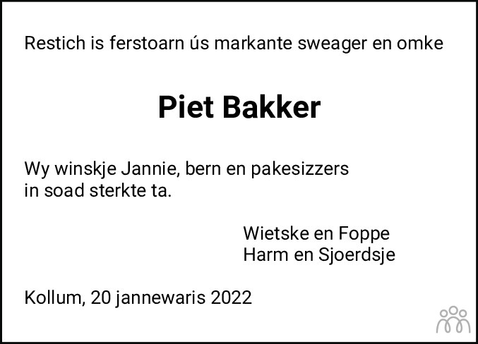 Overlijdensbericht van Pieter (Piet) Bakker in Leeuwarder Courant